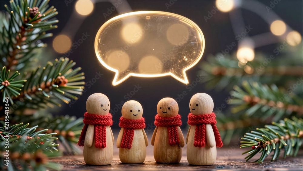 Obraz premium Wooden family figures with scarves, festive pine branches and a glowing speech bubble.