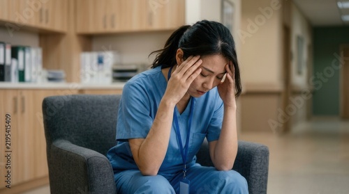 Tired nurse sitting in a hospital corridor feeling overworked and fatigued.