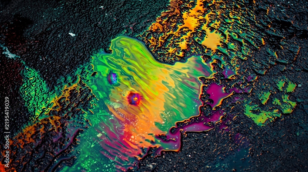 Obraz premium Vivid Rainbow Oil Spill Shimmering on Wet Black Asphalt