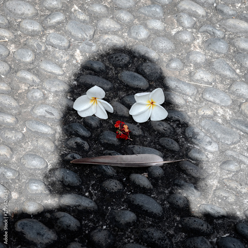 Foto Creative Face Made of Flowers, Feather and Stones in Conceptual Nature Compositi