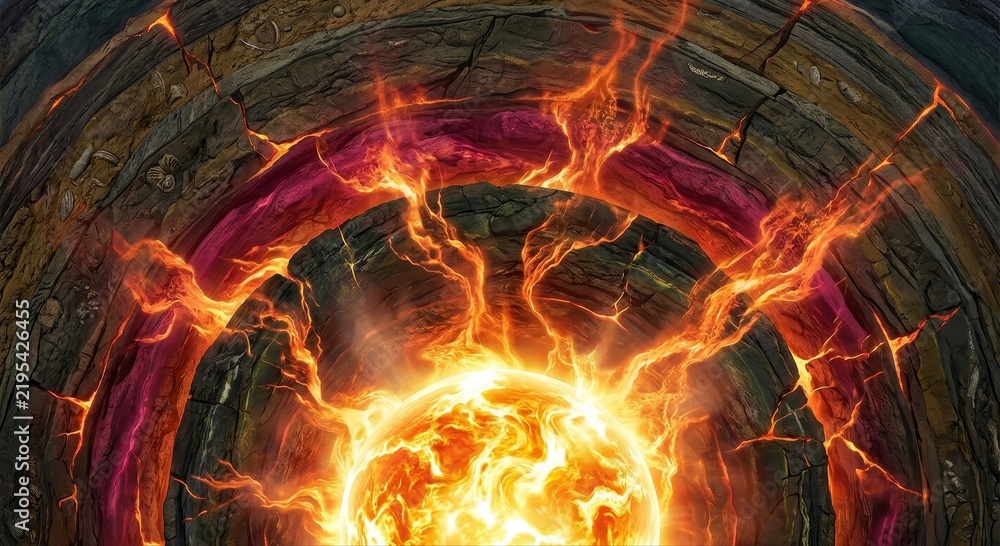 Fototapeta premium Abstract depiction of intense solar heat and fiery energy radiating from a glowing sun-like core within a rocky, cratered environment.
