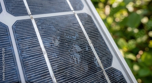 Close-up detail of a solar cell surface with conductive grid lines, showcasing renewable energy technology outdoors