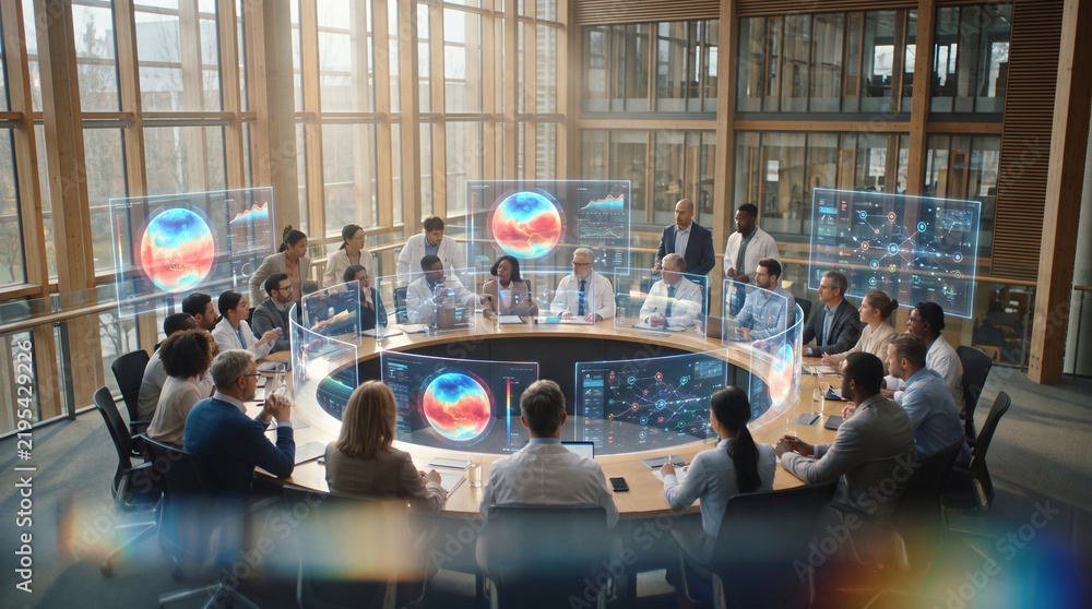 Obraz premium Futuristic Global Strategy Meeting with Holographic Displays