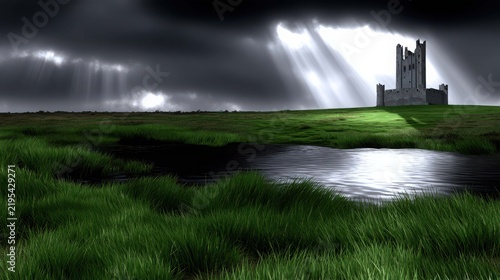 A dramatic landscape featuring an ancient stone tower on a grassy hill under a stormy sky with sunbeams breaking through