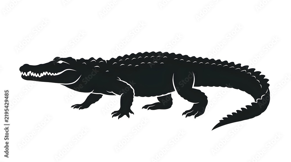 Fototapeta premium Crocodile silhouette walking towards the left side is rendered as a clean black vector icon isolated on a solid white background for wildlife presentation layouts.