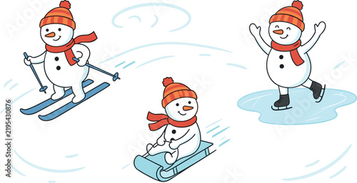 Winter Sports Snowman Vector Character Set Featuring Cute Snowmen Skiing Sledding and Ice Skating in Red Knit Hats and Scarves