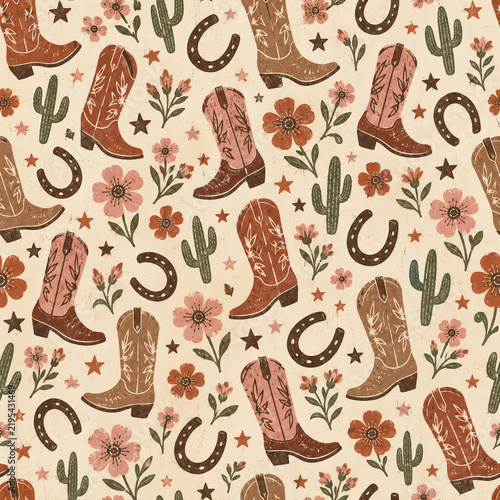 Western Cowboy Boots Cactus and Flowers Seamless Pattern