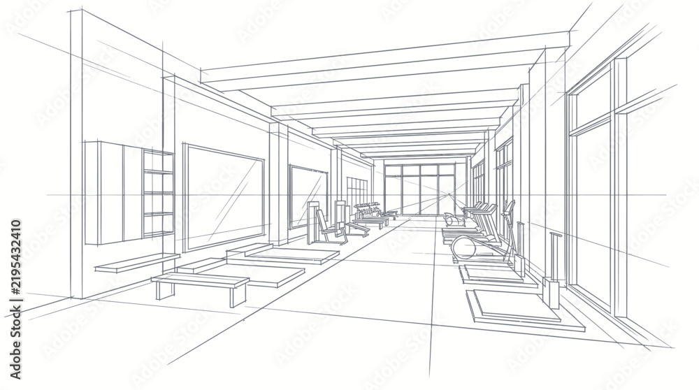 Fototapeta premium Creative Architectural Line Drawing of Modern Minimalist Living Space with Furniture and Open Floor Plan