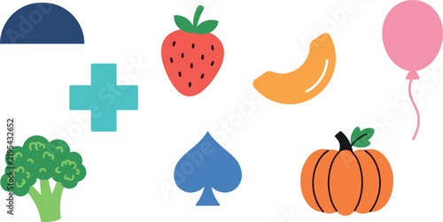 PrintCute and Simple Vector Icon Set Featuring Colorful Fruit, Vegetables, Shapes, Balloon, and Symbols for Kids Education, Stickers, and Patterns