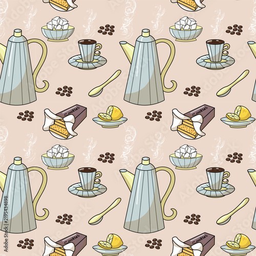Vector illustration with seamless pattern of set for coffee break: coffee pot, cup with hot coffee, bowl with lumps of sugar, saucer with lemon, tea spoon, cookies and coffee beans