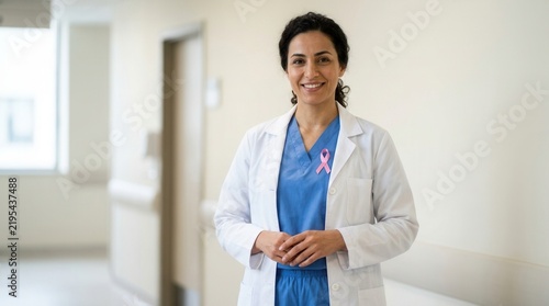 Caring Medical Professional With Pink Ribbon In Hospital Hallway