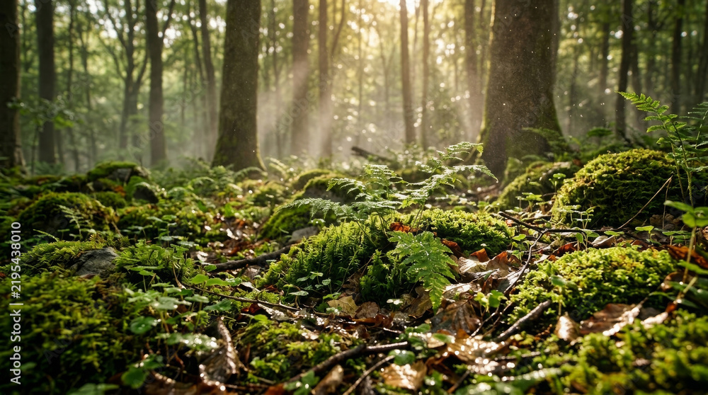 Fototapeta premium Sunlight rays streaming through trees in a lush green forest with mossy ground floor.