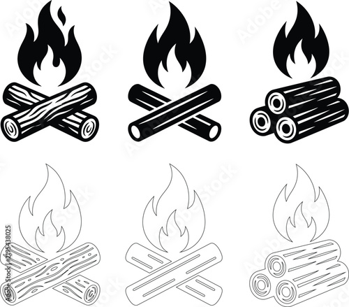 Set of black and white campfire icons featuring burning flames and stacked firewood logs, representing camping, bonfire, and heat concepts.