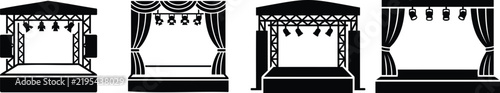 Set of black theater stage icons featuring curtains, spotlights, and a podium, representing performance, drama, and event concepts.