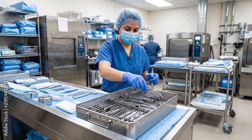 Medical professional in sterile scrubs and mask meticulously organizing surgical instruments in a cleanroom setting