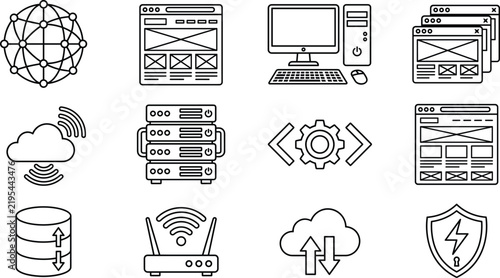 Plakat Cloud computing web hosting and database network line icons set featuring server router programming code and cyber security
