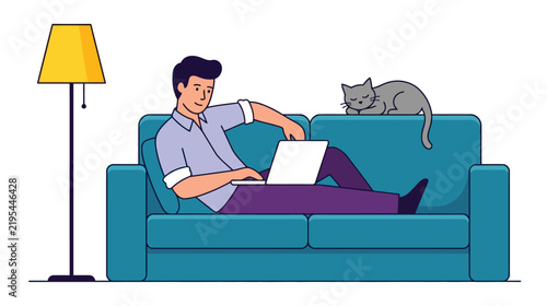 Young man relaxing on sofa with laptop and sleeping cat during a lazy day at home illustration.