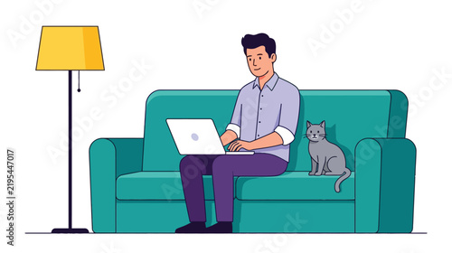 Happy man using laptop while relaxing on a couch with a pet cat on a lazy day in the living room