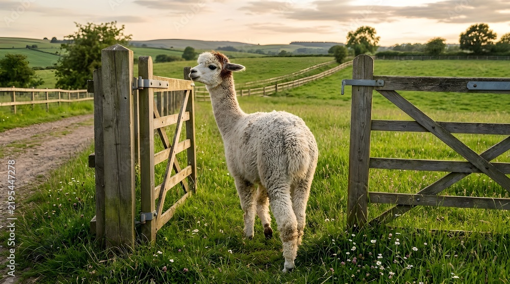 Obraz premium Alpaca Walking Through a Wooden Farm Gate at Sunset