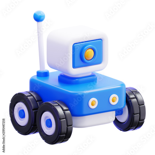 Cute 3d cartoon autonomous robot rover car with antenna and camera for artificial intelligence technology concept