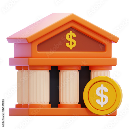 3D stylized bank building icon with gold dollar coin for financial business and investment concepts