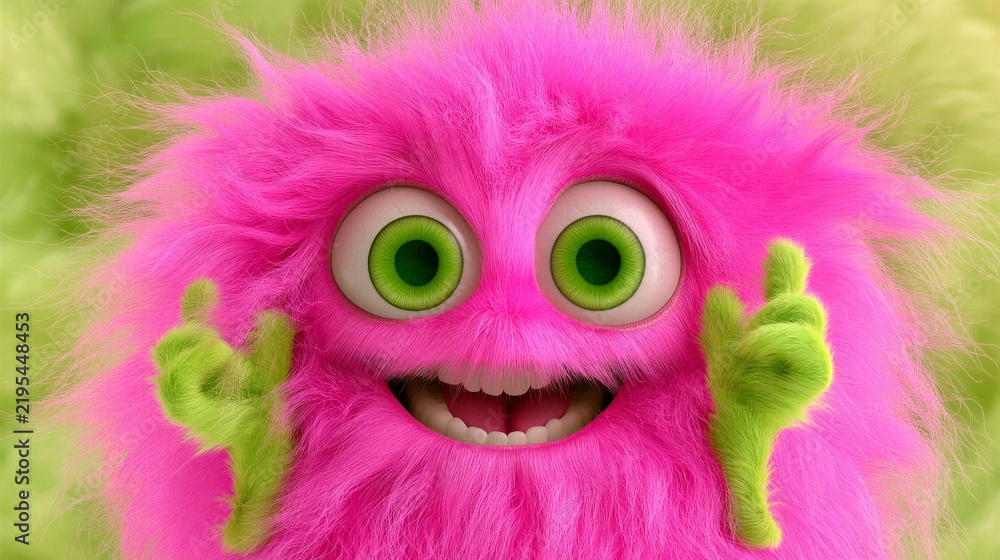 Obraz premium Cute Fluffy Pink Furry Monster with Big Green Eyes Isolated Soft Green Background
