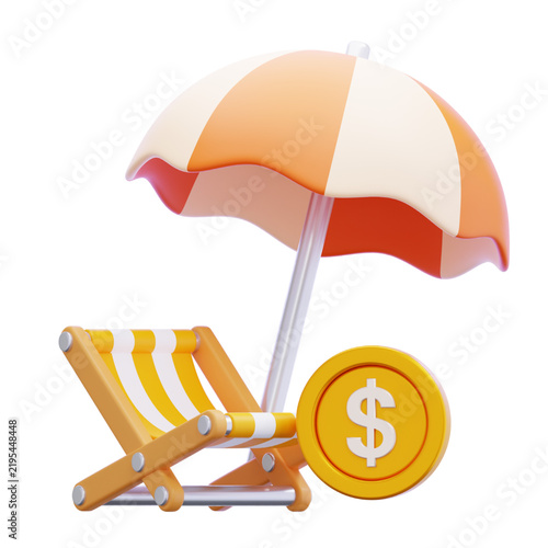 3D Illustration of a Beach Vacation Concept with a Sun Umbrella, Lounge Chair, and Gold Dollar Coin for Travel Savings