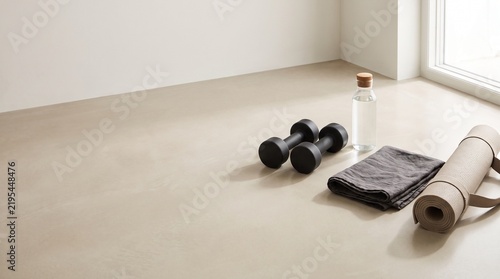 Home workout essentials with dumbbells, water bottle, towel, and yoga mat on a light floor by a window.