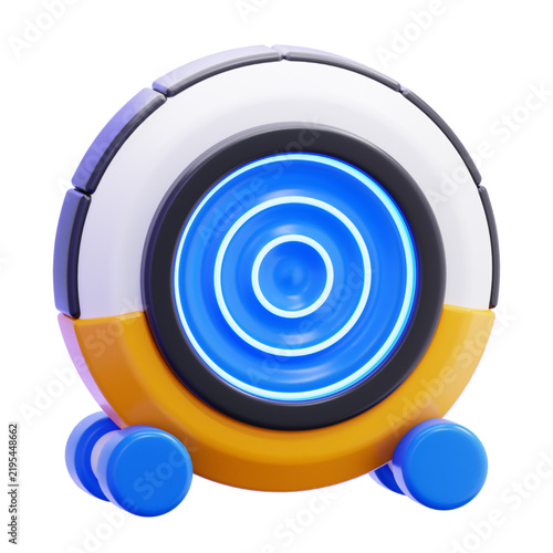 Sleek 3D Futuristic Surveillance Device Icon with Glowing Blue Lens, Representing Advanced Robotic Eye Technology for Smart Home Security and Automation, Modern Digital Monitoring Solution