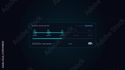 Futuristic digital system initialization interface with glowing loading bar and progress phases for advanced technology and software development user dashboards