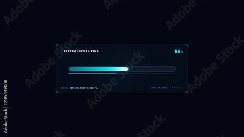 Futuristic digital progress bar interface loading system assets with glowing blue neon elements for high tech software update user experiences