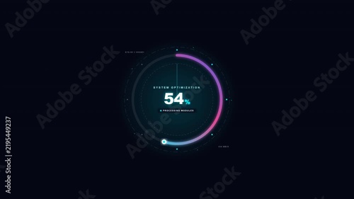 Digital system optimization interface with a glowing circular progress indicator loading at sixty two percent for futuristic technological data analysis