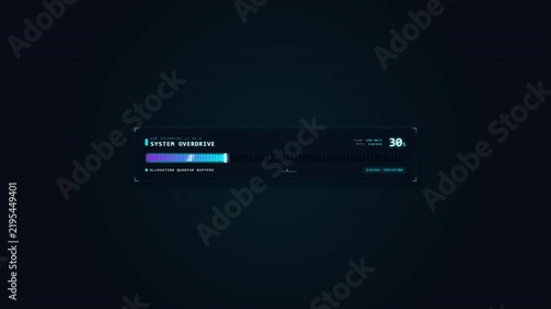 Futuristic digital heads-up display progress bar with glowing cyan loading animation for high tech data processing and system status tracking