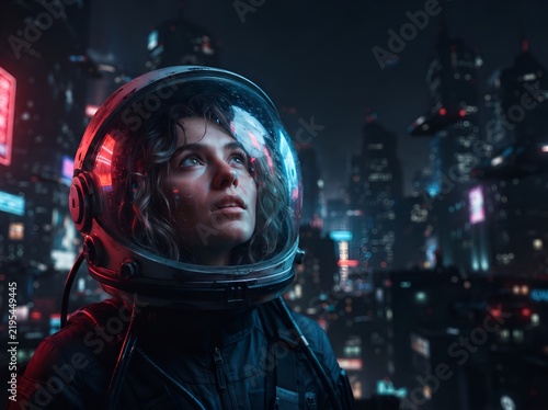 Futuristic Woman in Astronaut Helmet Against Neon Cyberpunk Cityscape