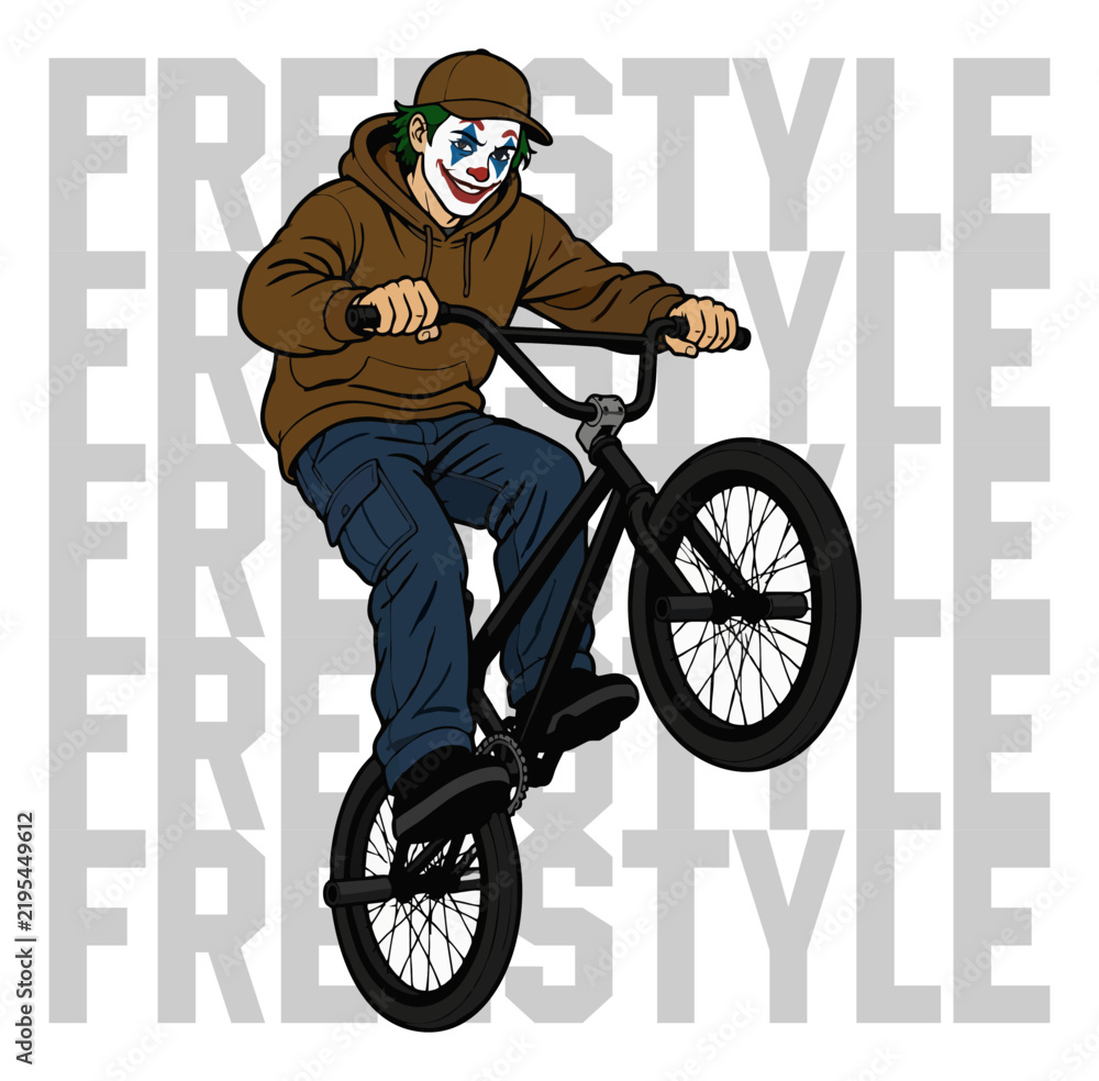 Fototapeta premium Clown BMX Rider Performing Freestyle Bicycle Stunt Vector Illustration