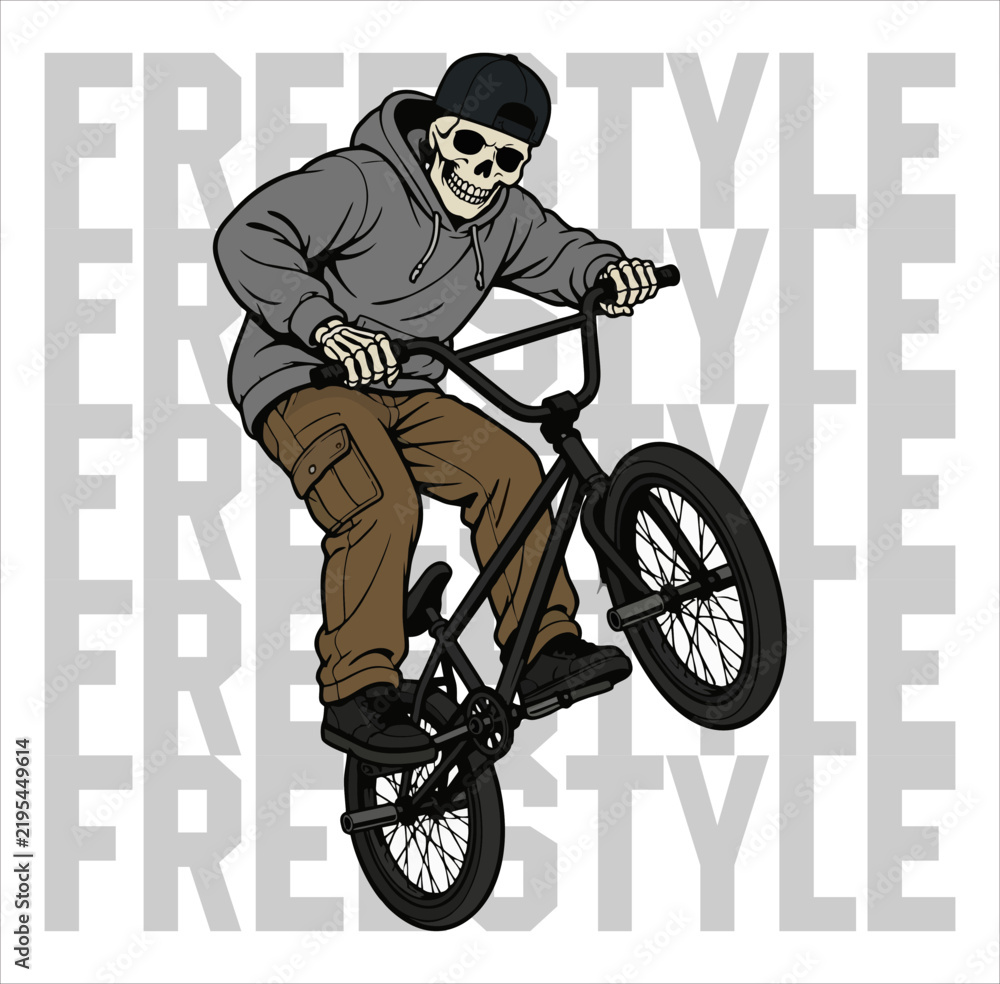 Fototapeta premium Skull BMX Rider Wearing Hoodie and Cap Riding Bicycle Vector Illustration