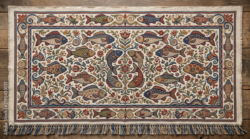 Ornate traditional woven tapestry rug featuring colorful fish motifs amidst intricate floral vines on rustic wooden floor