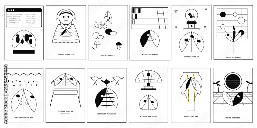 Set of minimalist abstract botanical cards, modern black and white geometric plant illustrations