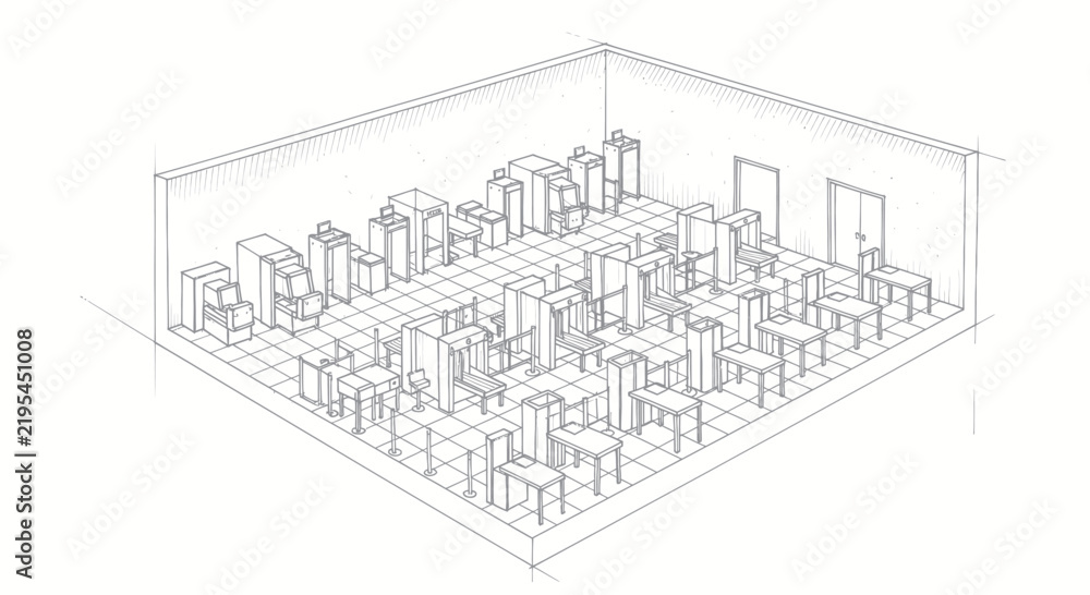 Obraz premium Industrial Isometric Sketch of Modern Office Cubicles with Workstations Filing Cabinets and Partition Walls