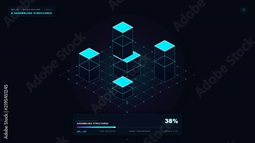 Abstract digital world building interface featuring glowing blue isometric cubes on a synchronized grid loading in a futuristic tech environment