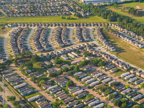 Aerial view of suburban housing and mobile home park