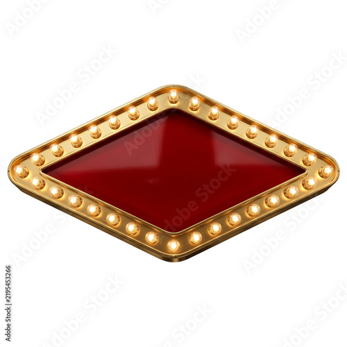 3D Render of Diamond Shape Retro Marquee Light Bulb Sign with Blank Red Board