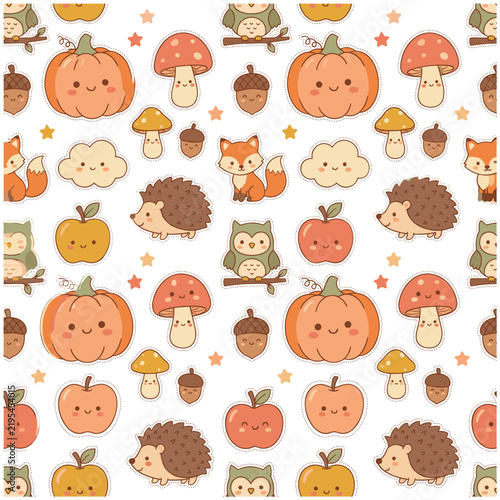 Cute Kawaii Autumn Seamless Pattern  Children Fall Vector Background