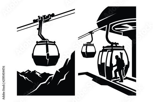 Gondola ski lift moving over mountains with mountains transport recreation