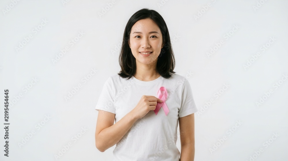 Fototapeta premium Asian Woman Wearing White T-Shirt Holding Pink Ribbon Symbolizing Breast Cancer Awareness Month