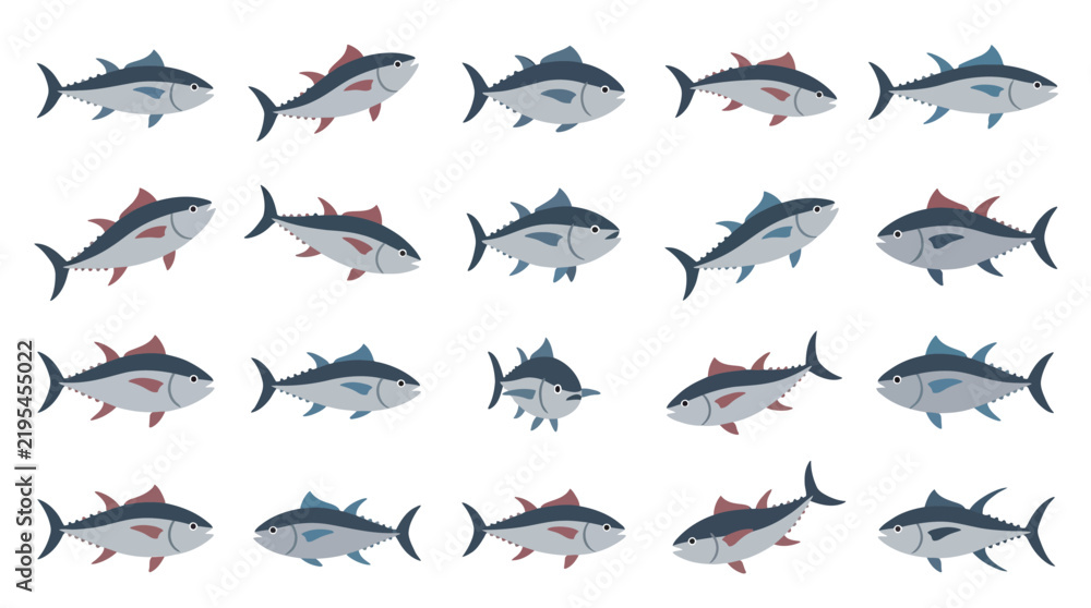 Fototapeta premium A collection of stylized tuna fish illustrations arranged in a grid pattern on a white background.
