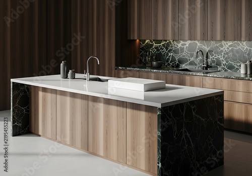 Modern luxury kitchen island with marble countertop and steel sink