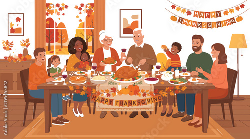 Extended family gathering around a large dining table for a thanksgiving celebration feast with dining room thanksgiving celebration