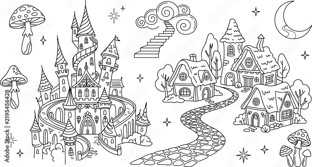 Fototapeta premium Fairy tale fantasy castle and village vector illustration set with whimsical houses mushrooms stairs to heaven moon