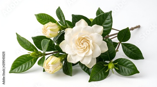 A beautiful white gardenia flower with buds and green leaves on a white background.